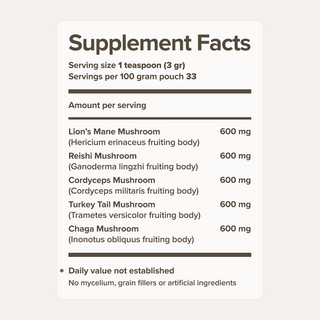 Tonic Blend by Bloomable - Lion's Mane, Turkey Tail, Reishi, Chaga and Cordyceps Mushroom Powder Blend (100 gr)